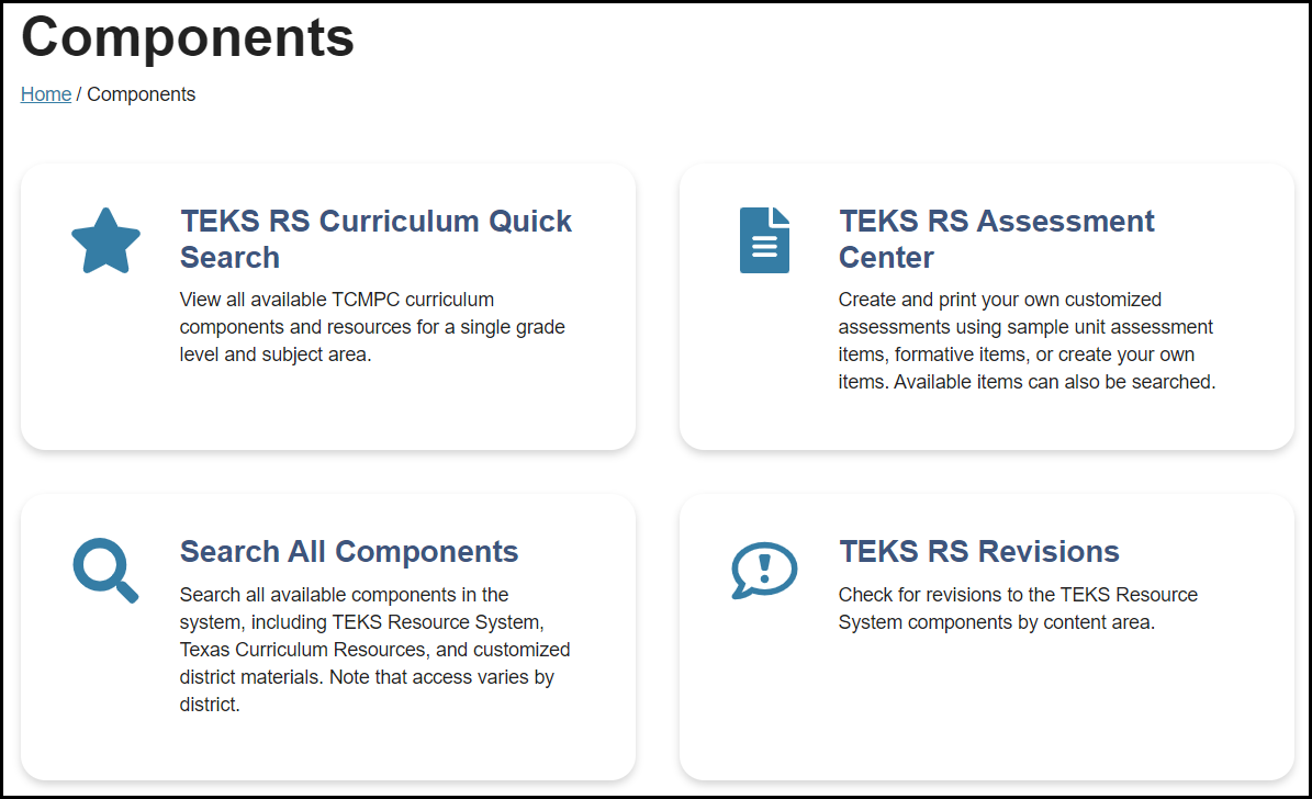 components home landing page showing the options of curriculum quick search, assessment center, search all components, and revisions