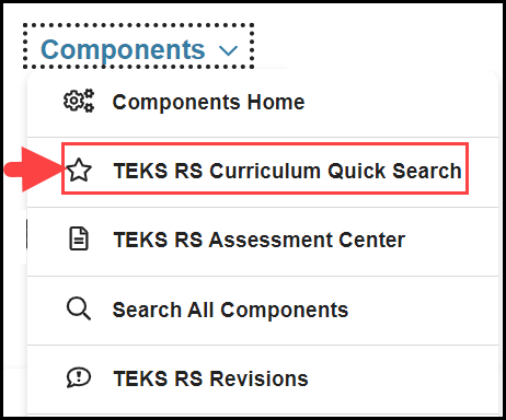 opened components navigation drop down with an arrow pointing to the curriculum quick search option
