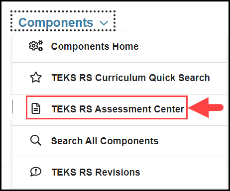 opened components navigation drop down with an arrow pointing to the assessment center option