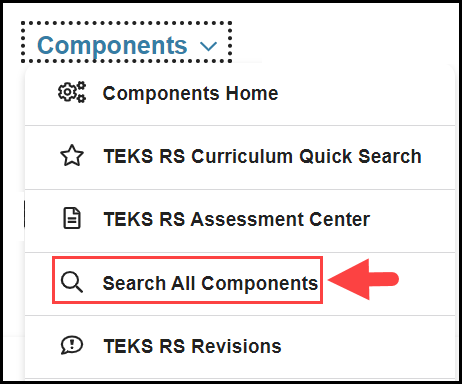 opened components navigation drop down with an arrow pointing to the search all components option