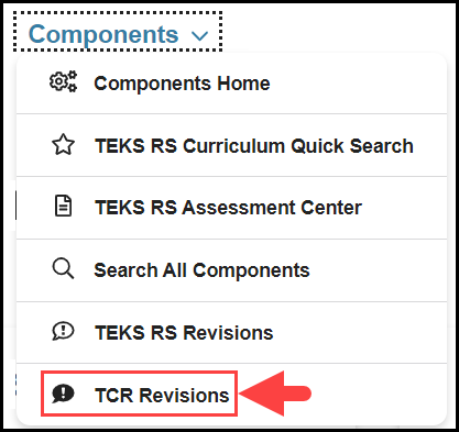 opened components navigation drop down with an arrow pointing to the t c r revisions option