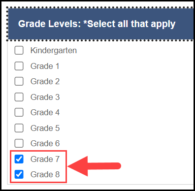 opened grade levels menu bar with an arrow pointing to the checked boxes associated with a couple sample grades