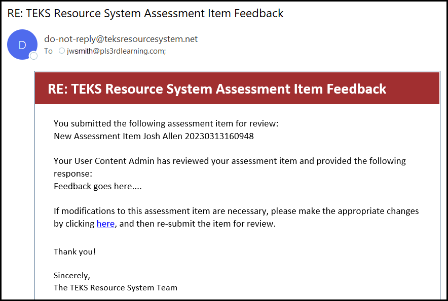 system generated email with a sample feedback message containing a hyperlink to the sample assessment item itself