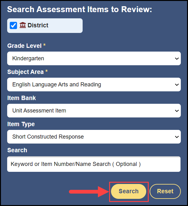 search / edit assessment items page showing the search filter menu section and an arrow pointing to the search button