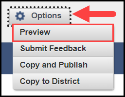 opened options button drop-down menu associated with a sample assessment item with the preview option outlined