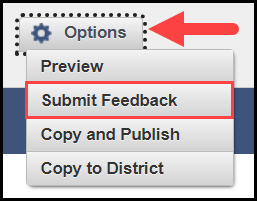 opened options button drop-down menu associated with a sample assessment item with the submit feedback option outlined