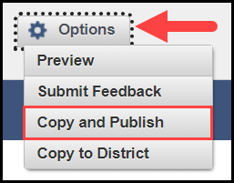 opened options button drop-down menu associated with a sample assessment item with the copy and publish option outlined