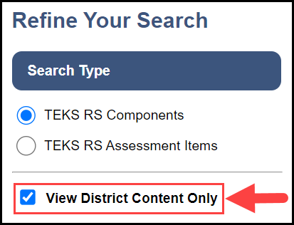 search filter area with the view district content only option selected