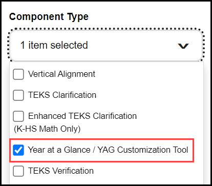 component type filter with the year at a glance / yag customization tool option selected