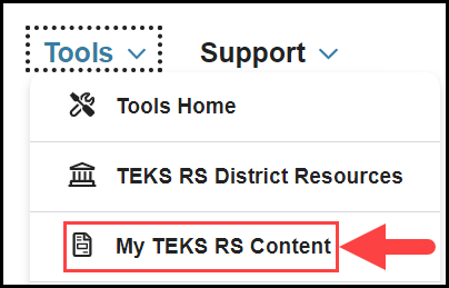 opened tools navigation drop down with arrow pointing to the my teks r s content option