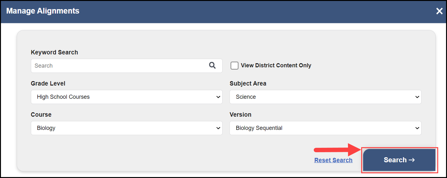 manage alignments modal showing the search filter drop down selectors with an arrow pointing to the search button