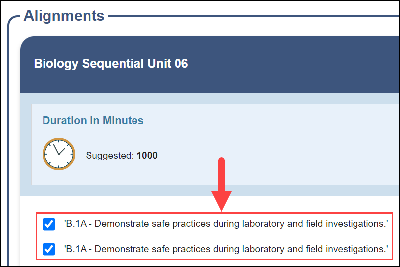 alignments area of first six weeks section with an arrow pointing to the check boxes associated with sample student expectations that are aligned to the selected unit