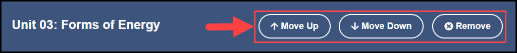 alignment section showing a sample unit with an arrow pointing to the move up, move down, and remove buttons