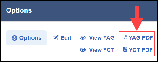 options column of the my yags / y c t page with an arrow pointing to the yag p d f and y c t p d f links