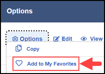 options column of the my yags / y c t page with an arrow pointing to the add to my favorites link under the options button menu