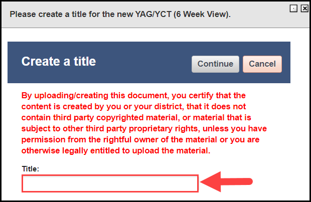 yag / y c t creation modal with the blank title field highlighted