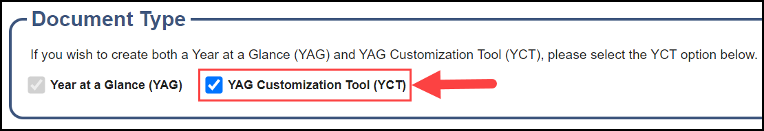 document type section showing the yag customization tool box option checked