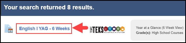 search results area with an arrow pointing to the title of a sample teks r s yag