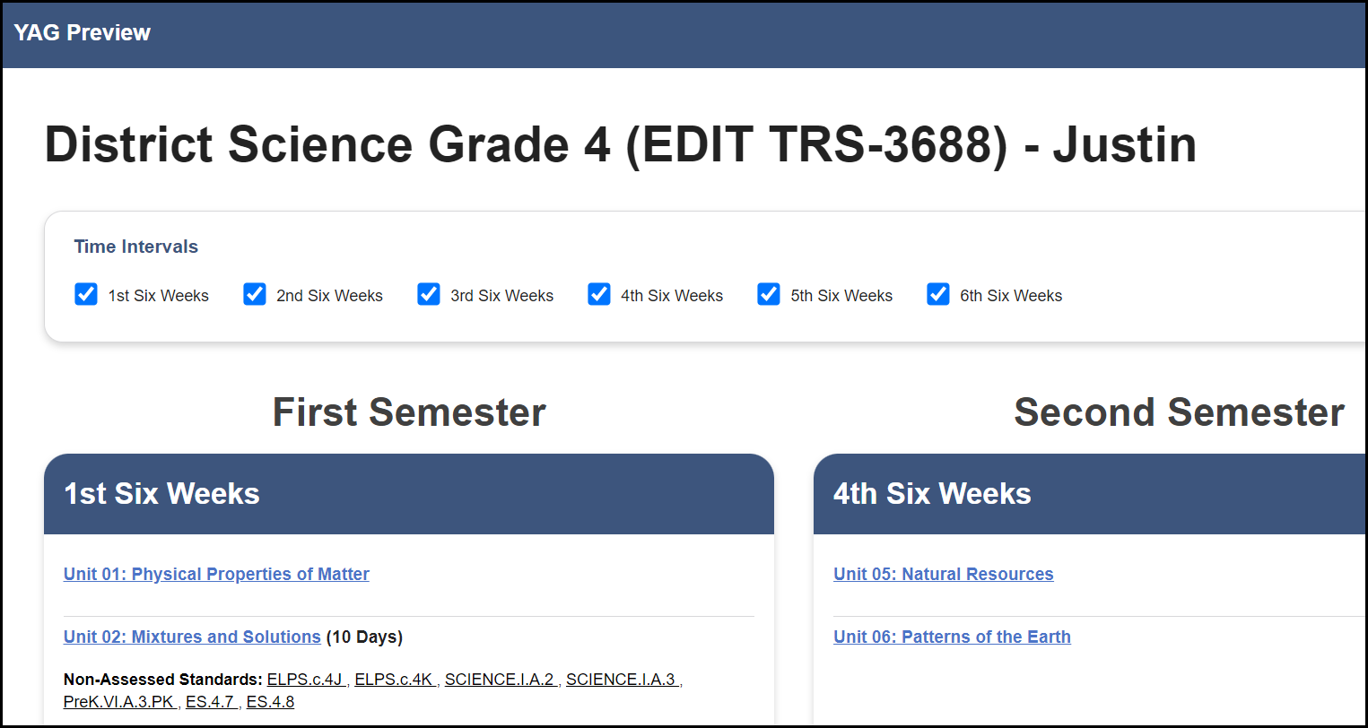preview of sample yag showing the first and second semester columns with the applicable unit titles and associated student expectations