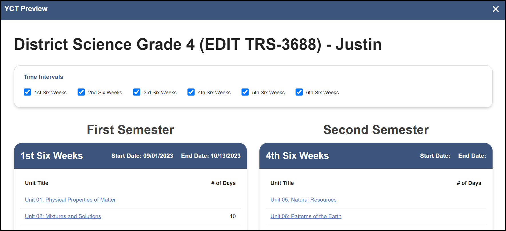 preview of sample y c t showing the first and second semester columns with the applicable unit titles and associated number of days