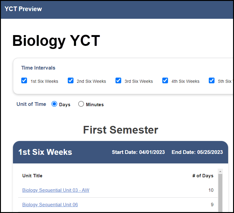 preview of sample y c t showing the first semester column with the applicable unit titles and associated number of days