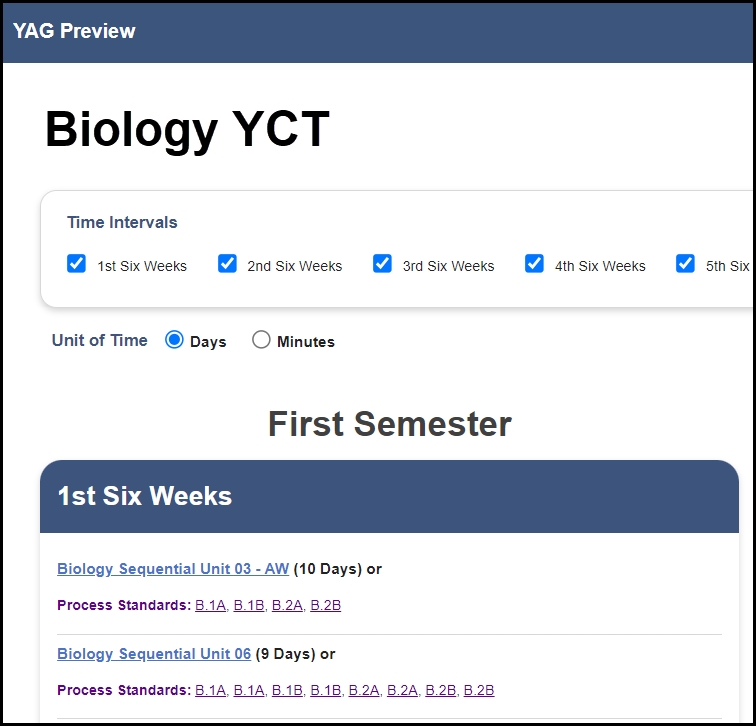 preview of sample yag showing the first semester column with the applicable unit titles and associated student expectations