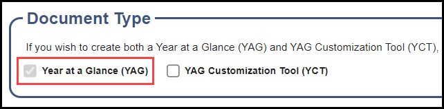 document type section showing the yag check box option checked and the y c t box unchecked