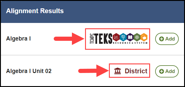 alignment search results column showing sample units with arrows pointing to the TEKS r s logo and district icon, respectively