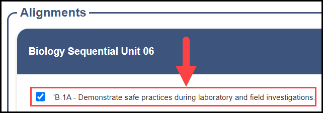 alignments area of first six weeks section with an arrow pointing to the check box associated with a sample student expectation that is aligned to the selected unit