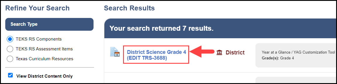 search all components page with the view district content only box checked and an arrow pointing to the title of a sample district yag / y c t