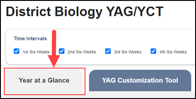 top of district yag page with an arrow pointing to the year at a glance tab below the time intervals section