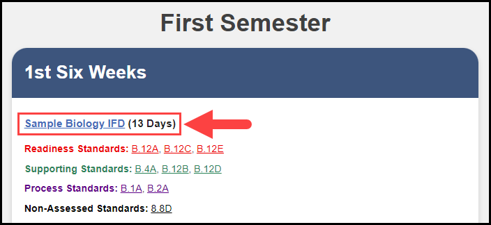 first semester column showing the first six seeks section and an arrow pointing to the hyperlinked title of a sample unit i f d and number of days