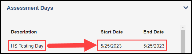 expanded assessment days section with an arrow pointing to a sample description and its associated start and end dates