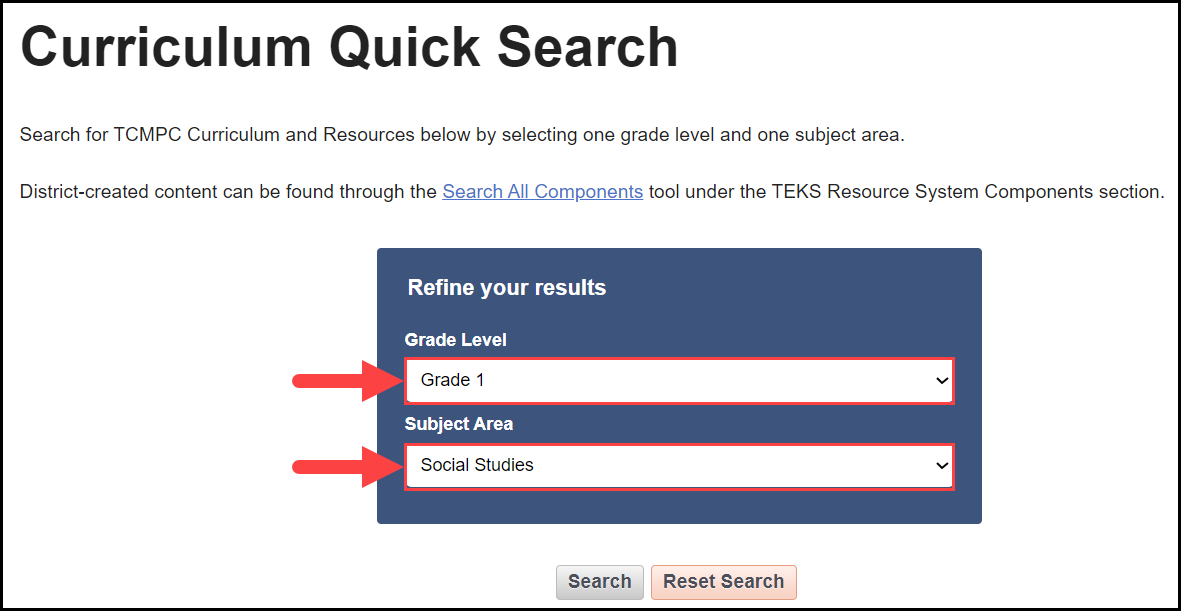 curriculum quick search page with arrows pointing to sample selections for the grade and subject search filter drop down menus