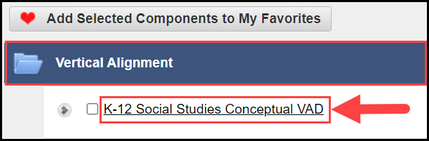 curriculum quick search page with the vertical alignment folder opened and an arrow pointing to the social studies conceptual vertical alignment document title link below the folder
