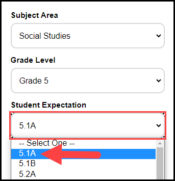 search filter area with sample subject and grade filter selections and an arrow pointing to a sample student expectation option in the opened drop down filter