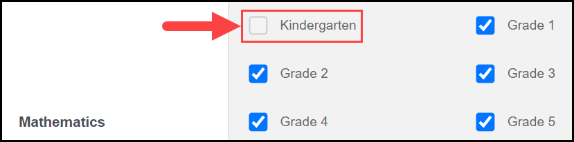 teks r s content access table with an arrow pointing to the unchecked / restricted kindergarten mathematics box