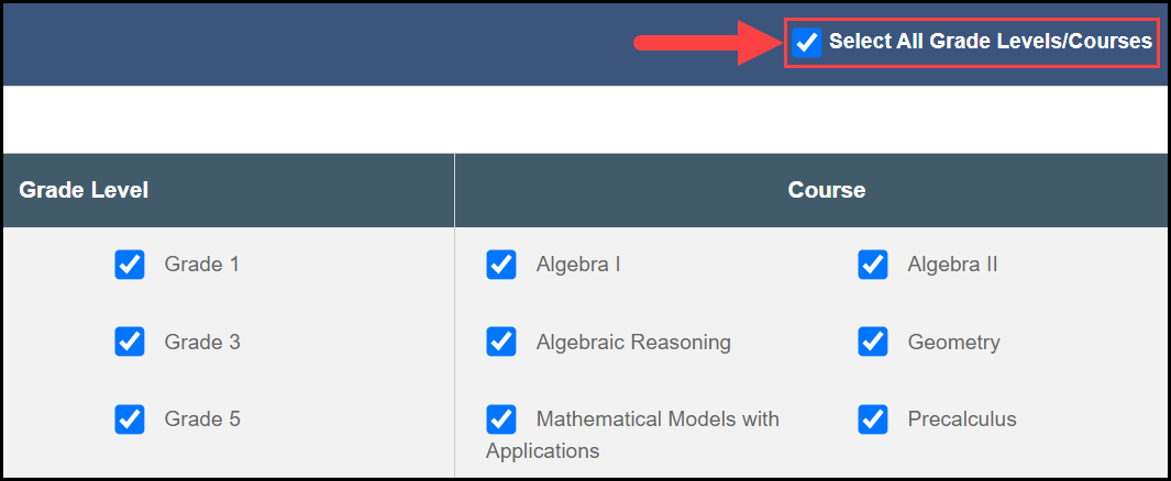 t c r content access table with an arrow pointing to the checked select all box in the upper right corner