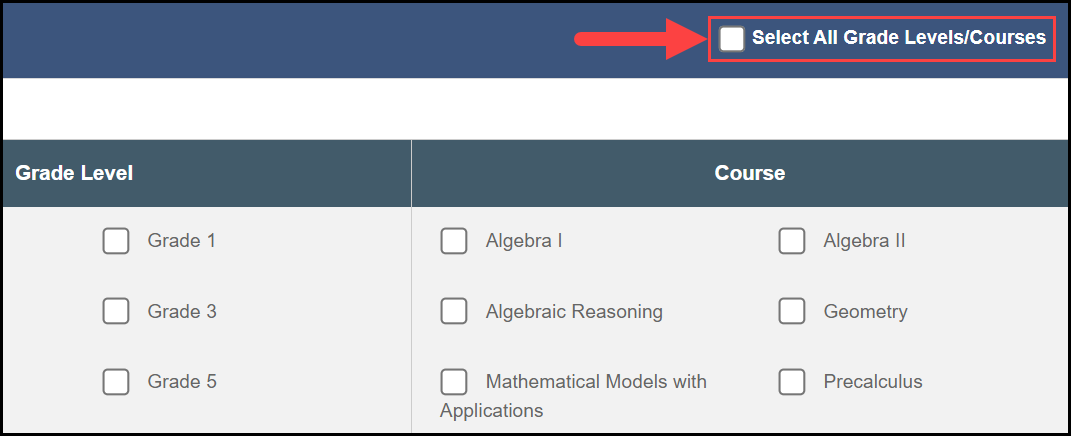 t c r content access table with an arrow pointing to the unchecked select all box in the upper right corner