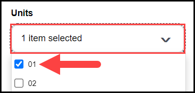 opened units drop down filter with an arrow pointing to a selected sample unit with its associated checkbox checked