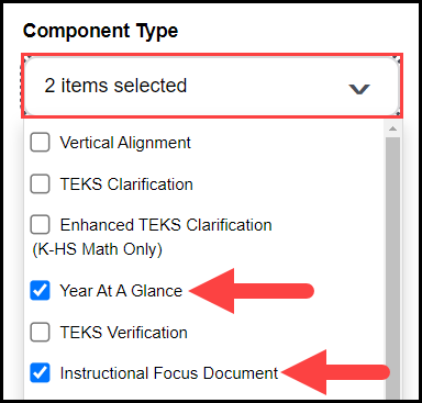 opened component type drop down filter with arrows pointing to the year at a glance and instructional focus document options and their associated checkboxes checked