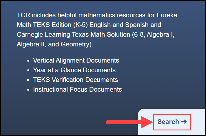 texas curriculum resources homepage view with t c r tab selected and an arrow pointing to the search button