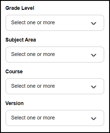 grade level, subject area, course, and version filter drop down menus