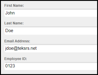 name, email address, and employee i d fields with sample data entered