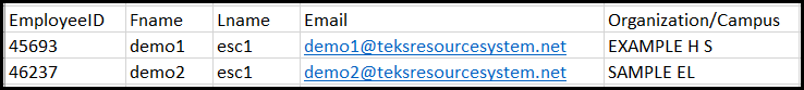 a completed upload spreadsheet containing sample data for each field, including employee i d, first name, last name, email, and org / campus