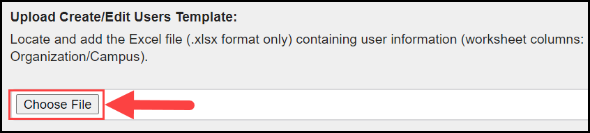 the upload template area with an arrow pointing to the choose file button