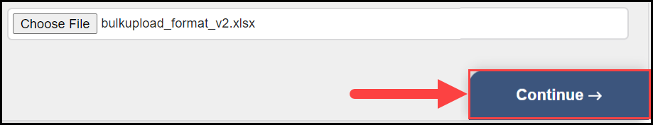 the upload template area with an arrow pointing to the continue button