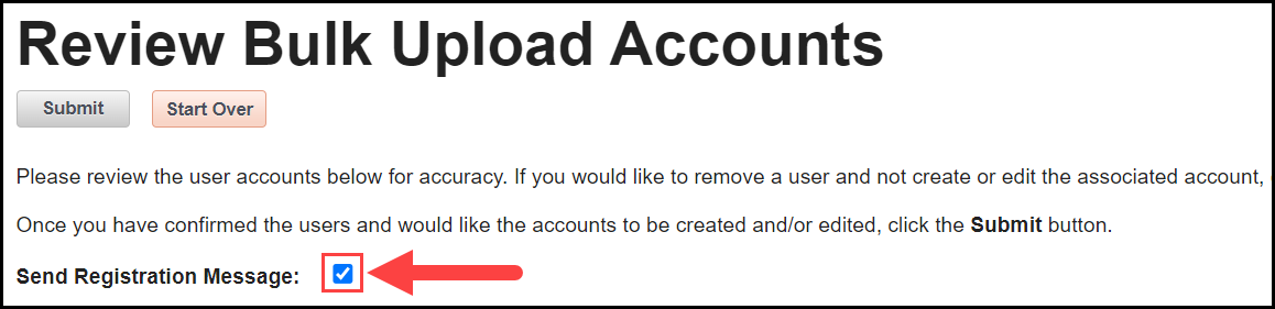 the top of the account review page with an arrow pointing to the send registration message check box