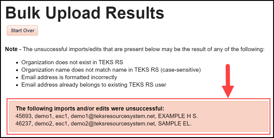 the bulk upload results page with an arrow pointing to the unsuccessful imports and or edits