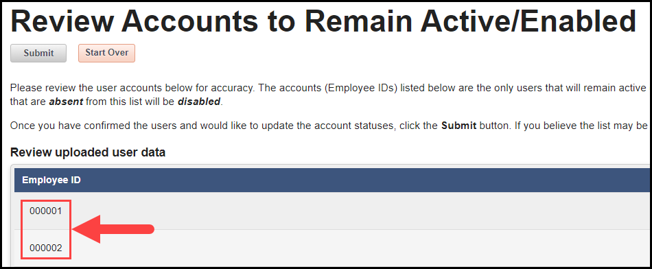 the top of the account review page with an arrow pointing to sample employee ids
